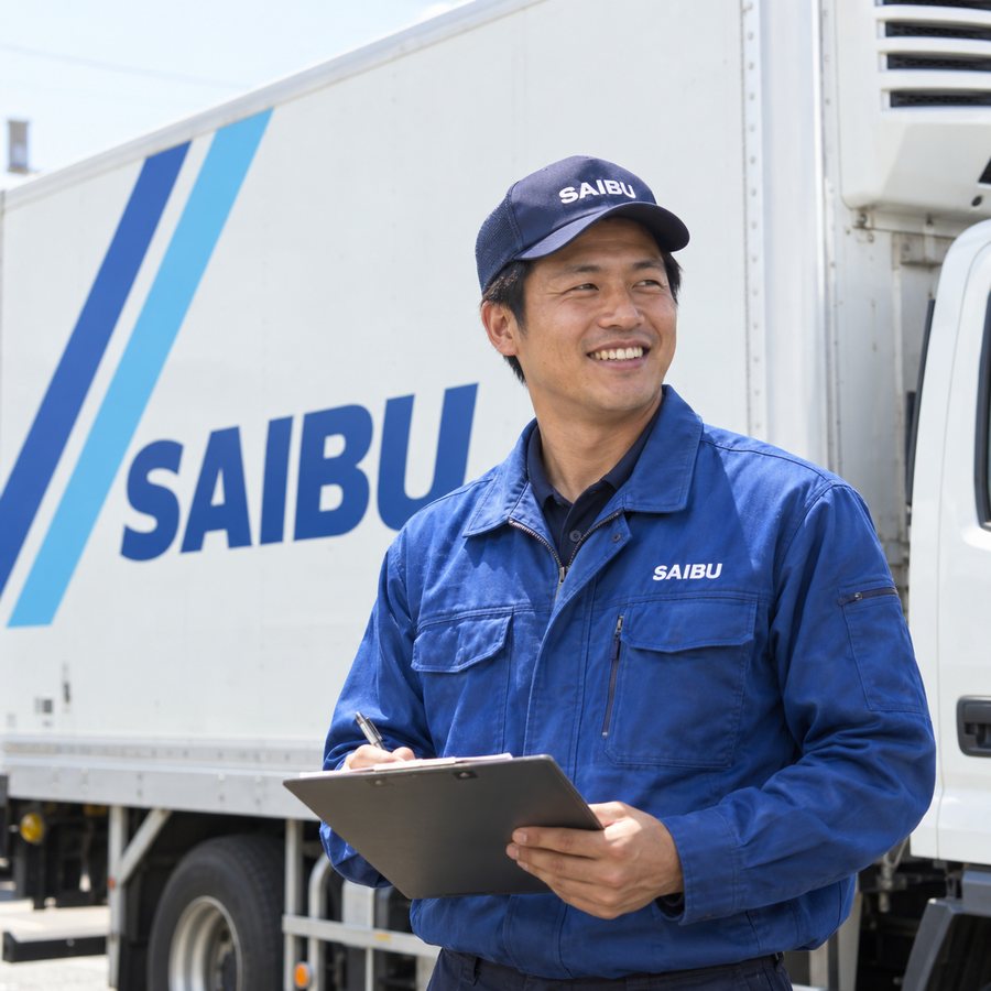 トラックの前でバインダーを持つ男性ドライバー