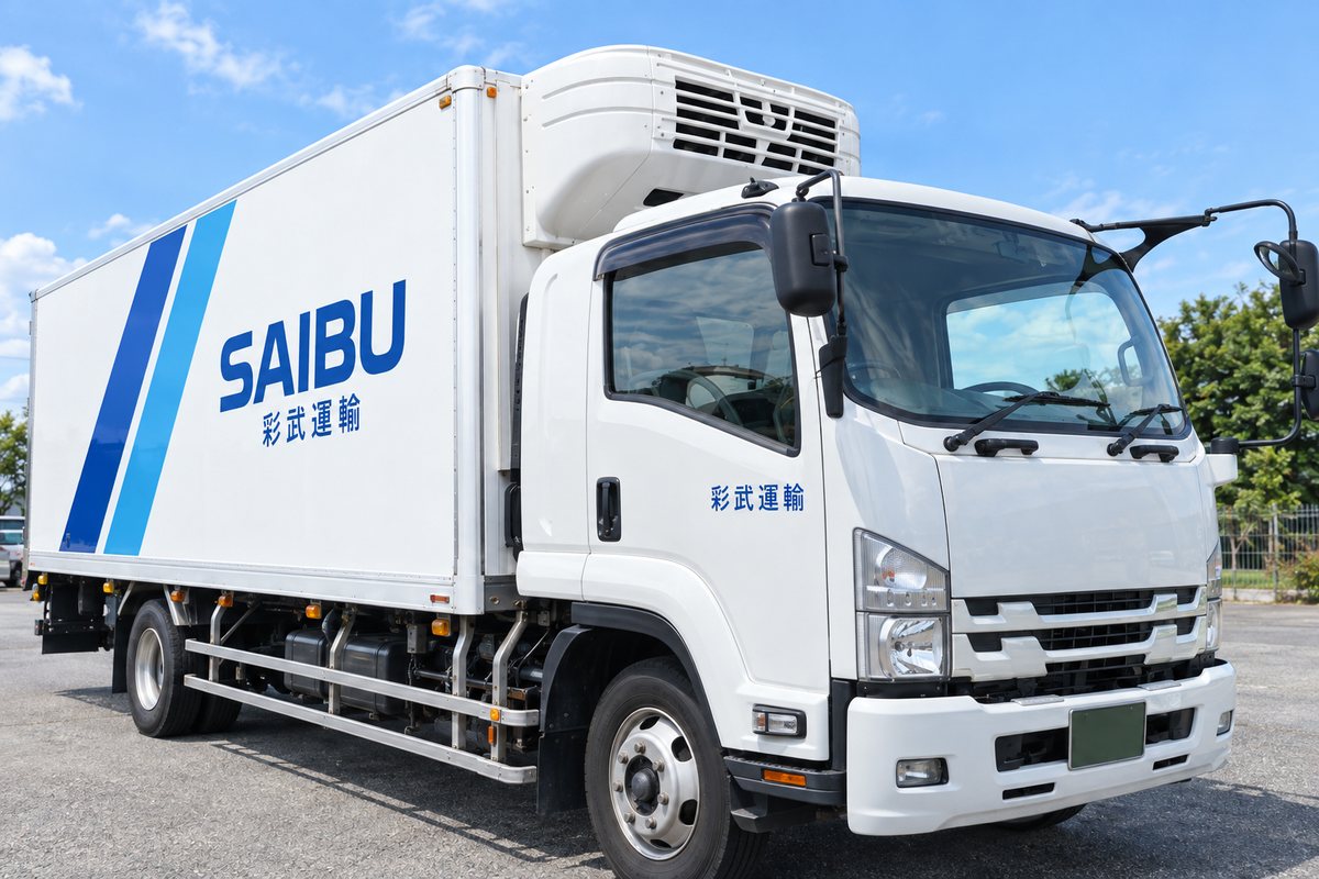 構内に停まる彩武運輸の4t冷凍車
