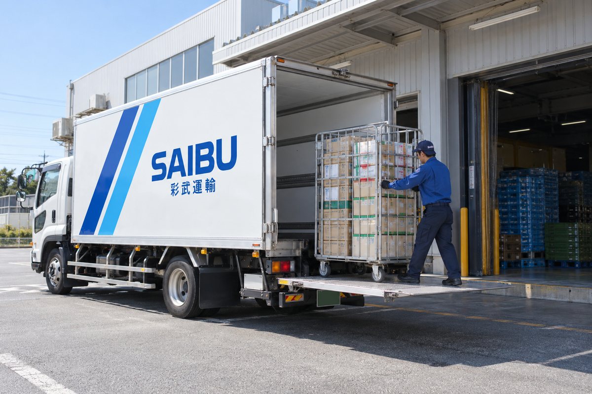 パワーゲートでカゴ台車を荷台に積み込むドライバー