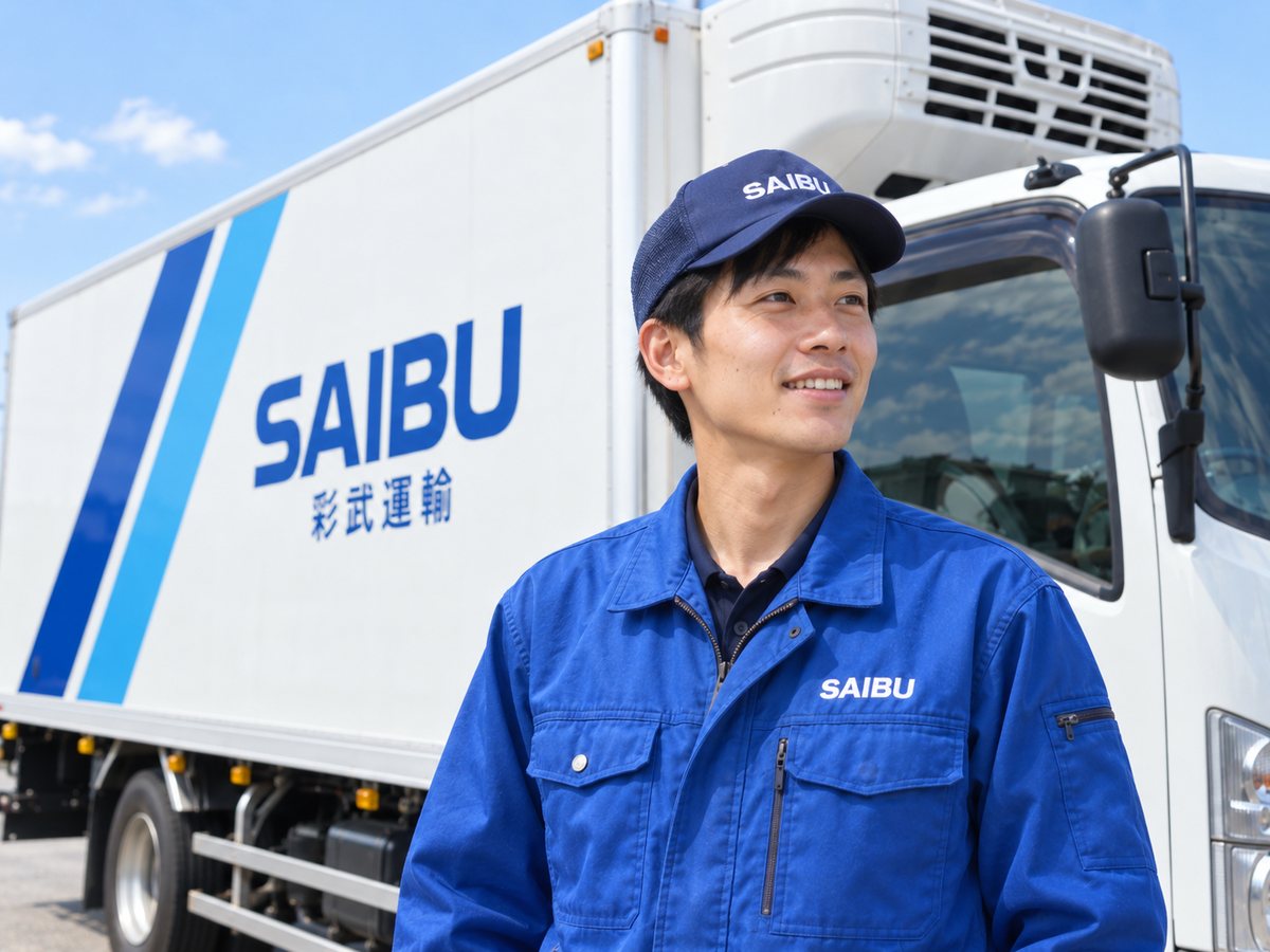 トラックの横に立つ男性ドライバー